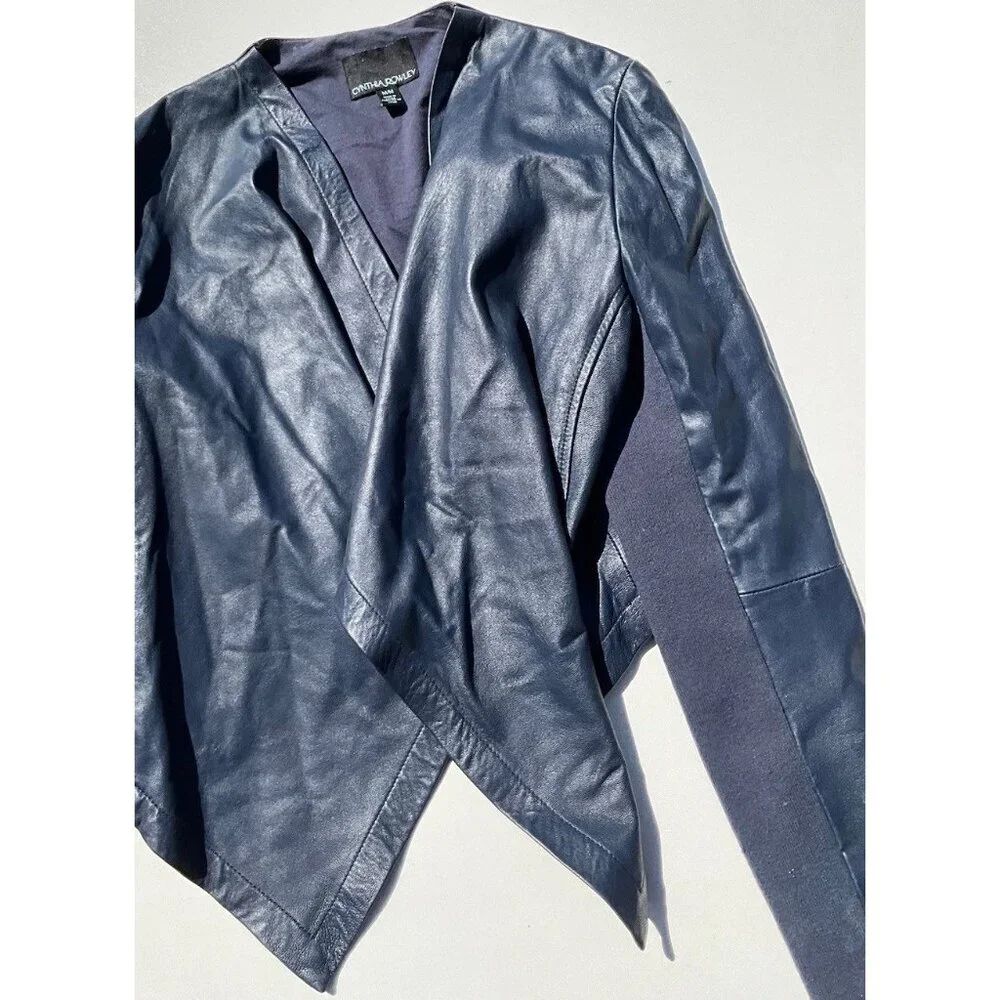 Vintage CYNTHIA ROWLEY Blue Cropped Jacket Women's Size Medium 100% Leather
